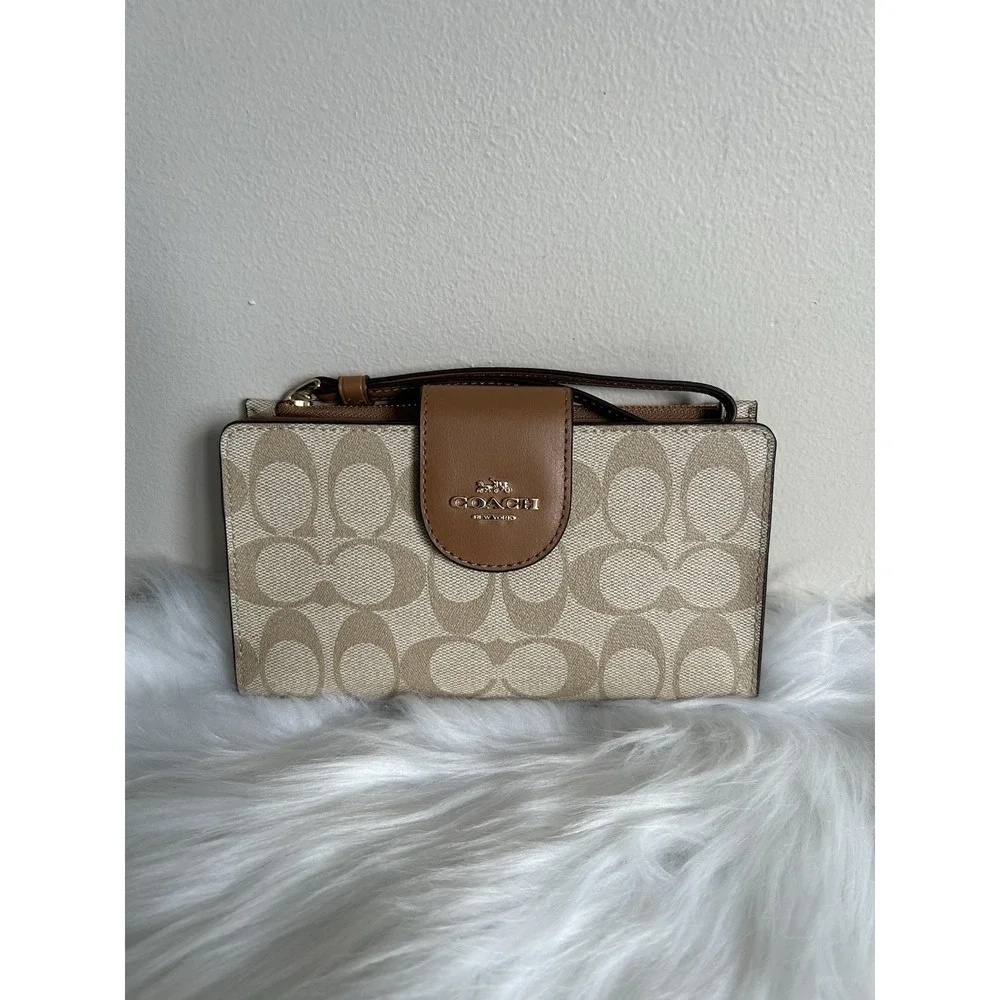 Coach‎ Tech Phone Wallet Khaki Saddle Signature Canvas C2874 NWT